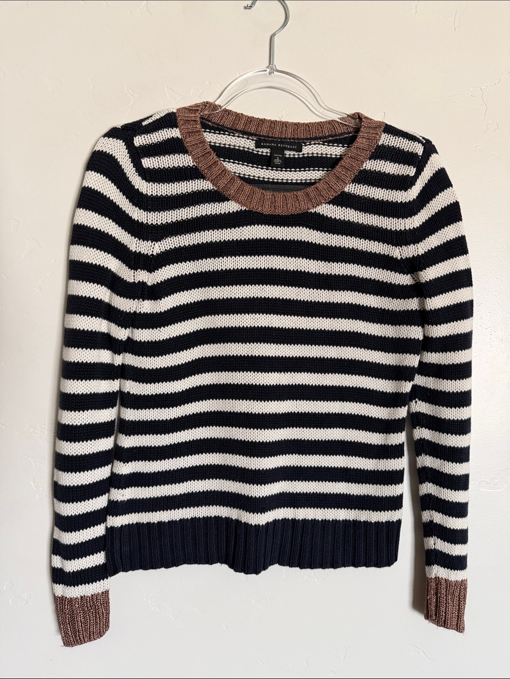 Banana Republic Black & White Striped Crewneck with Brown Trim